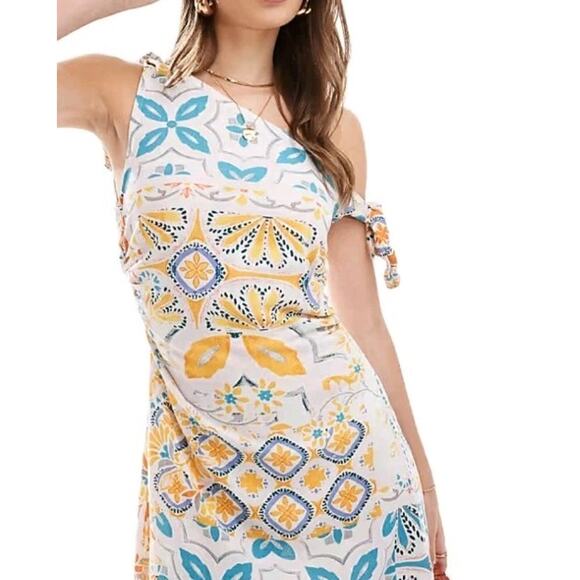 ASOS Design off the shoulder mini linen sundress with knot detail Cream Sz 12 - Picture 1 of 10